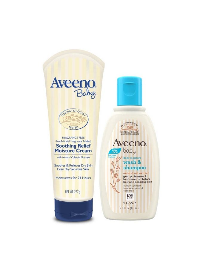 Aveeno Baby Soothing Relief Moisture Cream (227G) + Wash And Shampoo (100Ml) | With Natural Oat Extract | Hypoallergenic, Pediatrician Recommended | Cleanses, Nourishes, Soothes & Protects Baby'S Sensitive Skin