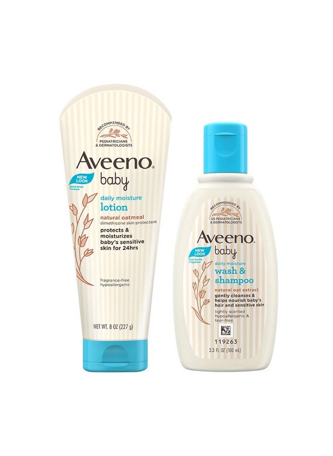 Aveeno Baby Daily Moisture Lotion (227G) + Wash And Shampoo (100Ml) | With Natural Oat Extract | Hypoallergenic, Pediatrician Recommended | Cleanses, Nourishes, Soothes & Protects Baby'S Sensitive Skin