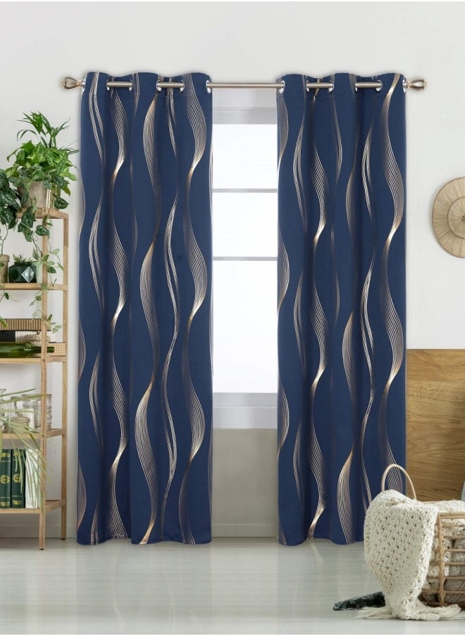 Fabric Nation Curtain Light Blocking Curtains,  Silver Foil Print Thermal Insulated Room Privacy Insulated Liner Grommet Privacy Curtain Tiers 100*250cm Navy Blue