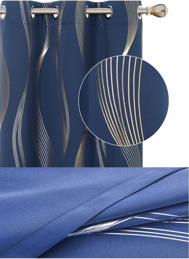 Fabric Nation Curtain Light Blocking Curtains,  Silver Foil Print Thermal Insulated Room Privacy Insulated Liner Grommet Privacy Curtain Tiers 100*250cm Navy Blue