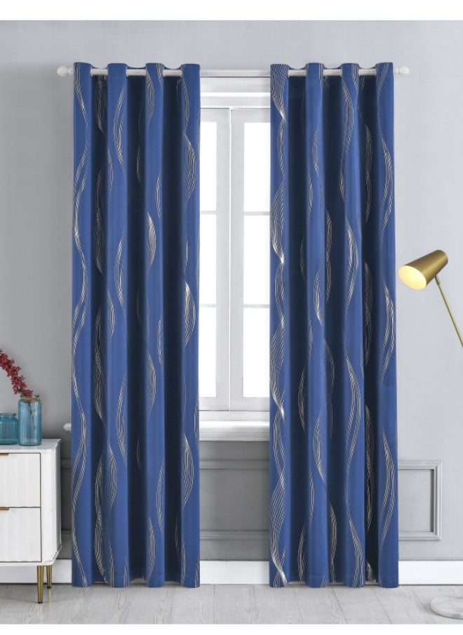 Fabric Nation Curtain Light Blocking Curtains,  Silver Foil Print Thermal Insulated Room Privacy Insulated Liner Grommet Privacy Curtain Tiers 100*250cm Navy Blue