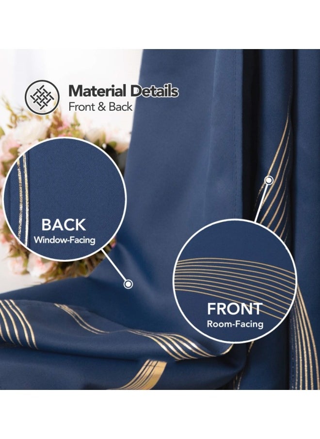 Fabric Nation Curtain Light Blocking Curtains,  Silver Foil Print Thermal Insulated Room Privacy Insulated Liner Grommet Privacy Curtain Tiers 100*250cm Navy Blue