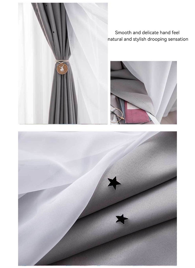 2 Panels Stars Blackout Curtains Tulle Overlay Star Cut Out Silver Grommet Curtains