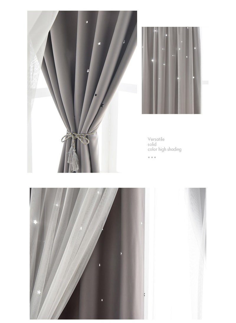 2 Panels Stars Blackout Curtains Tulle Overlay Star Cut Out Silver Grommet Curtains