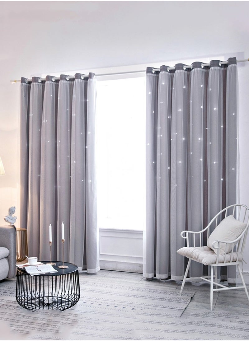 2 Panels Stars Blackout Curtains Tulle Overlay Star Cut Out Silver Grommet Curtains