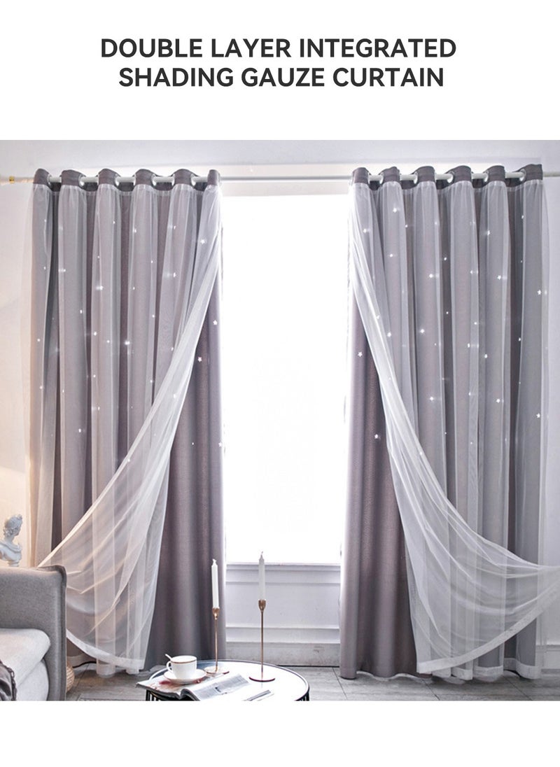 2 Panels Stars Blackout Curtains Tulle Overlay Star Cut Out Silver Grommet Curtains