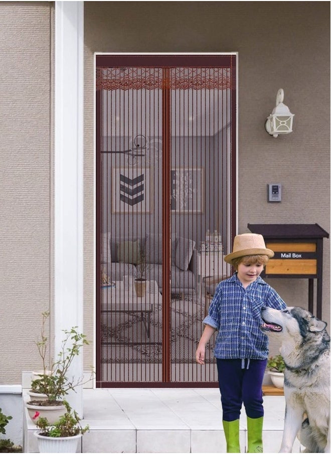 Magnetic Fly Screen Door Retractable Mesh with Magnet Sliding Hands Free Net, Pet & Kid Friendly 100x210cm Brown