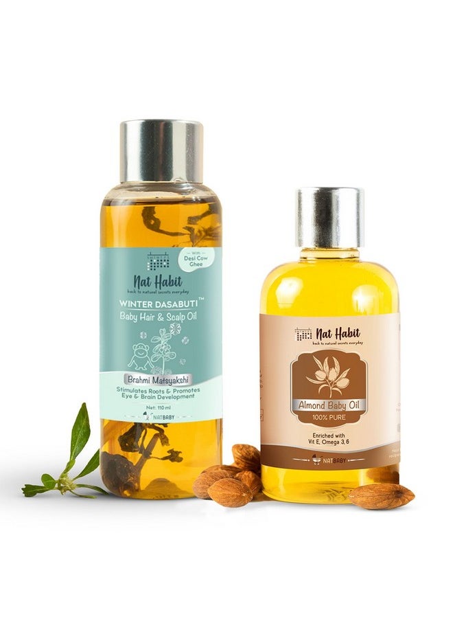 Baby Scalp Oil Bhrami Maytakshi (110Ml)+ Almond Baby Pure Oil (100Ml) - Essential Baby Care Combo For Daily Massage, Healthy Nourishment, Chemical & Preservative-Free (Combo Pack Of 2)