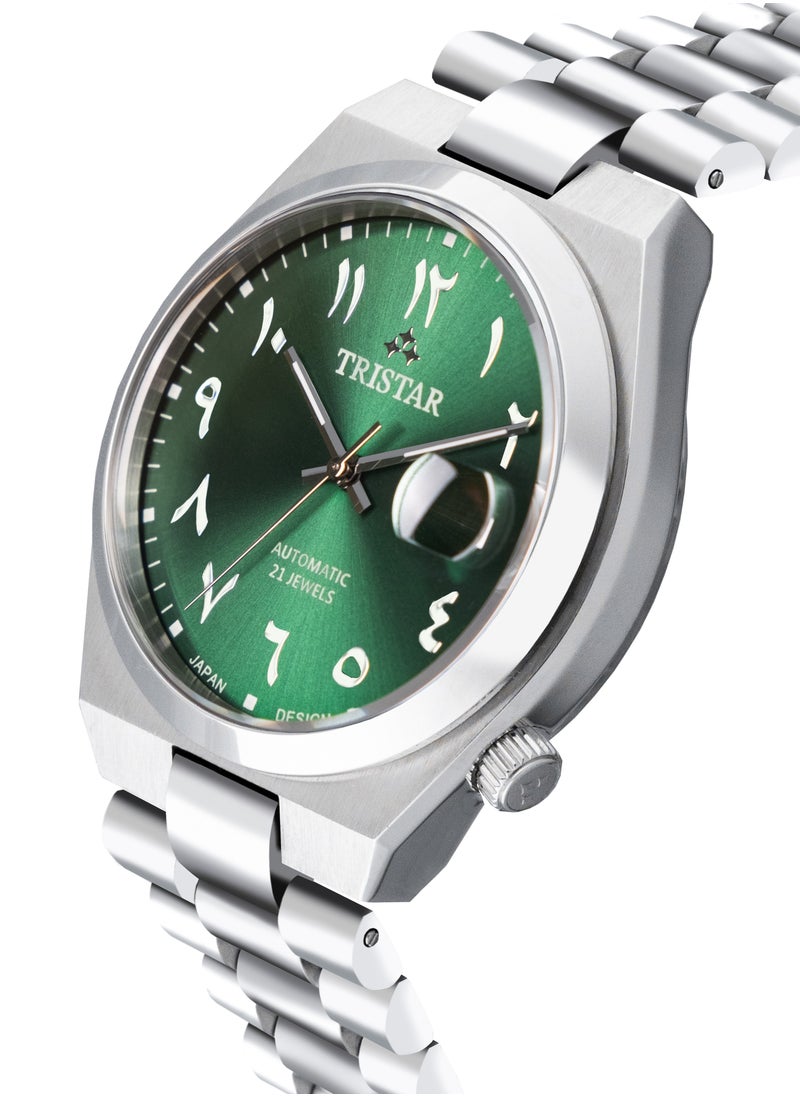 Tristar NJ Men's Automatic Watch Arabic Green Dial Stainless Steel Bracelet Wrist Watch for Men (TS-NJ33GMSSM02)