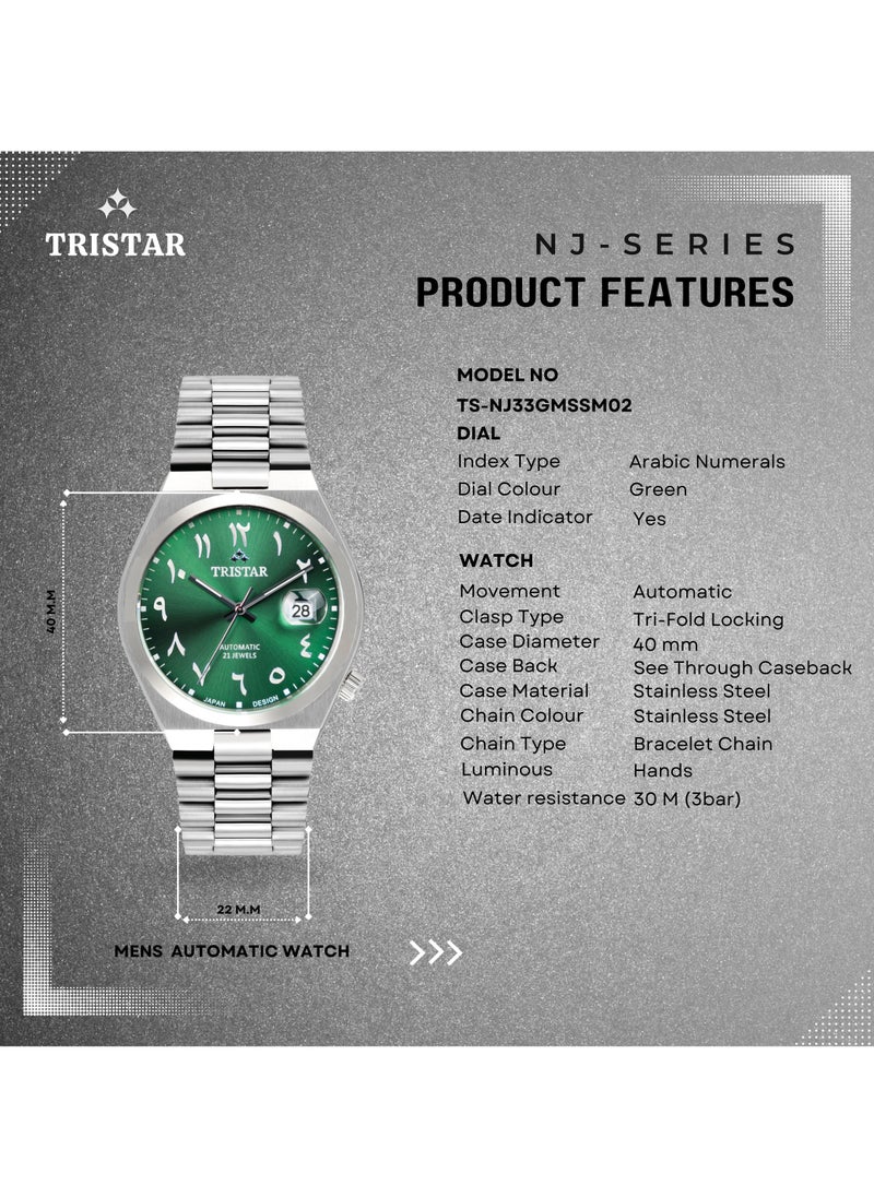 Tristar NJ Men's Automatic Watch Arabic Green Dial Stainless Steel Bracelet Wrist Watch for Men (TS-NJ33GMSSM02)