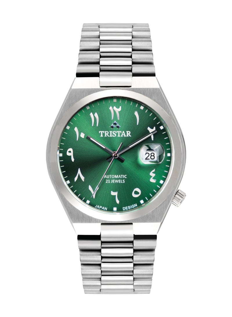 Tristar NJ Men's Automatic Watch Arabic Green Dial Stainless Steel Bracelet Wrist Watch for Men (TS-NJ33GMSSM02)