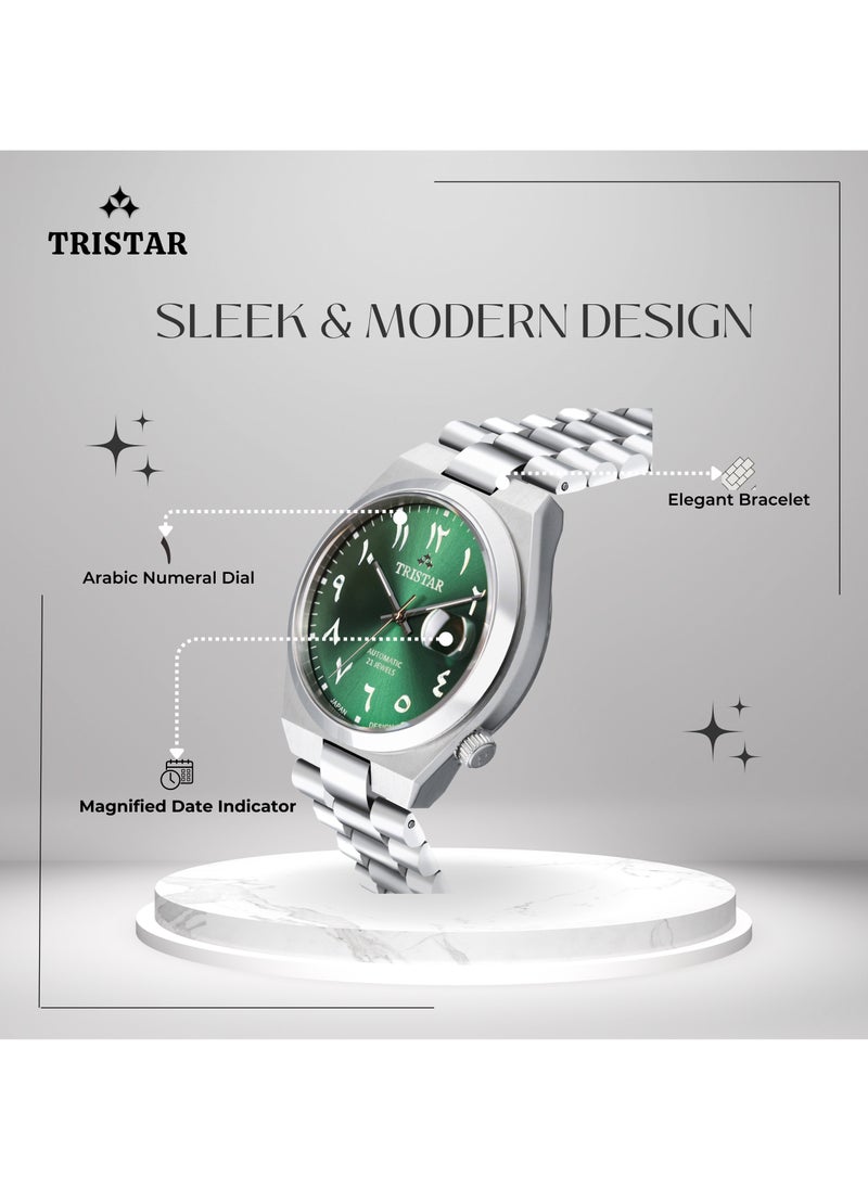 Tristar NJ Men's Automatic Watch Arabic Green Dial Stainless Steel Bracelet Wrist Watch for Men (TS-NJ33GMSSM02)