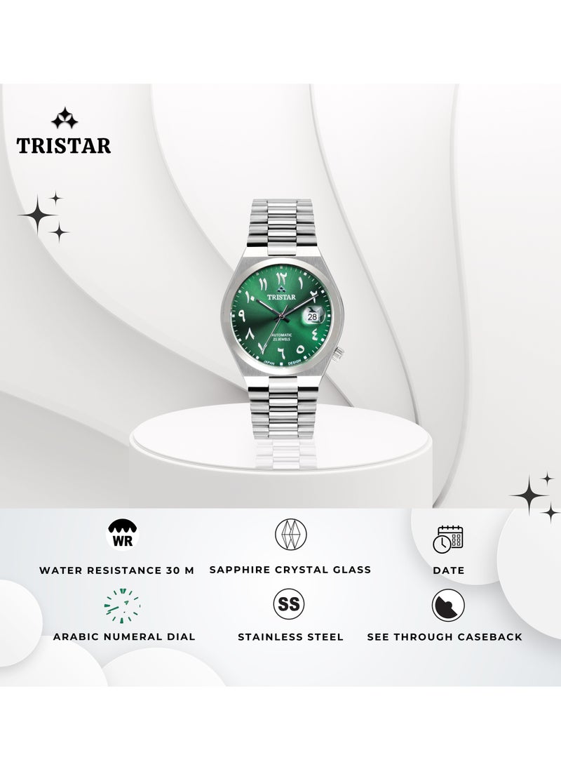 Tristar NJ Men's Automatic Watch Arabic Green Dial Stainless Steel Bracelet Wrist Watch for Men (TS-NJ33GMSSM02)