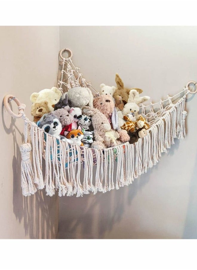 Stuffed Animal Toy Hammock Macrame with Light Corner Toy Corner Hammock Organizer Display Holder Net for Hanging Stuff Animals