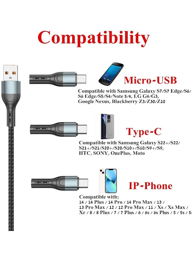 2-Pack Charger Cable for Type-C, Micro USB and IP Smartphones, 3-in-1 Super Fast USB Charging Cord Compatible with Game Controllers and Airpods, 4ft