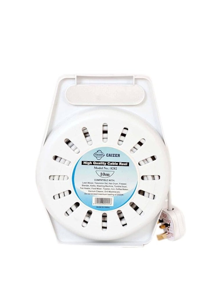 Caizer 10m Retractable Extension Cord Reel with 4 Electrical Power Outlets and a Power Button - Supports up to 10A 2500W 250V AC Electric Current Ideal for Residential and Commercial use