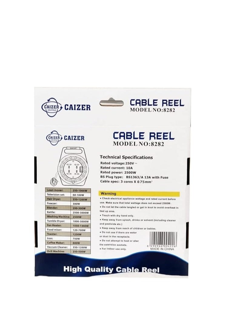Caizer 10m Retractable Extension Cord Reel with 4 Electrical Power Outlets and a Power Button - Supports up to 10A 2500W 250V AC Electric Current Ideal for Residential and Commercial use