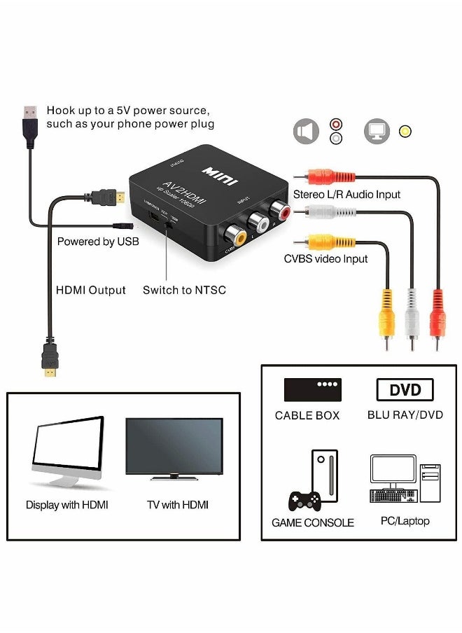 RCA to HDMI, AV to HDMI Converter, 1080P Mini RCA Composite CVBS Video Audio Converter Adapter Supporting PAL/NTSC