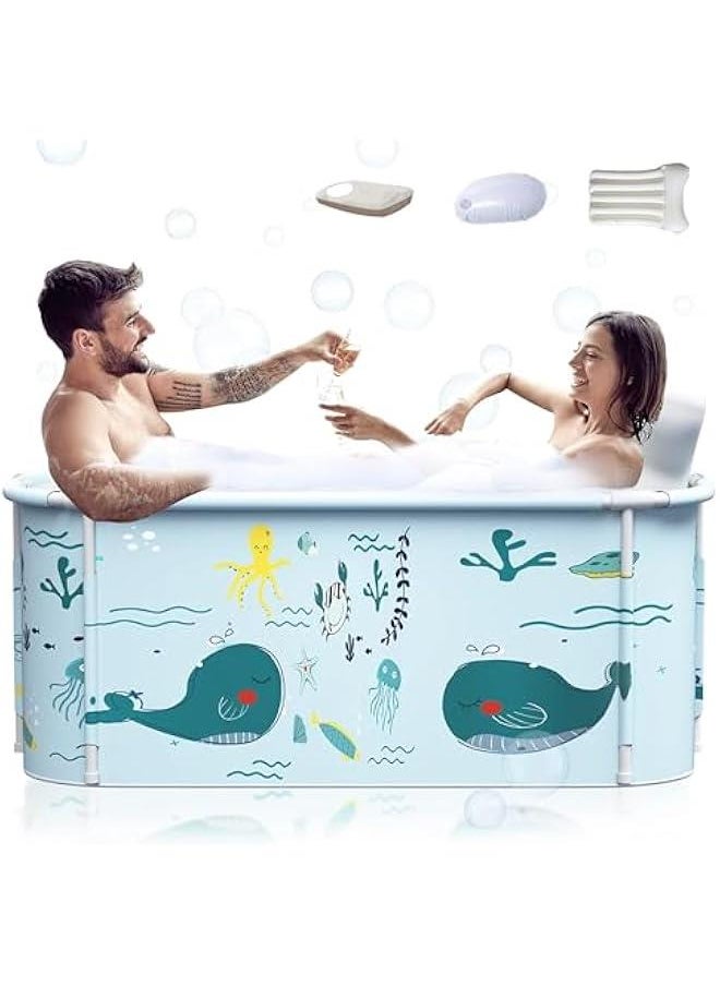 140CM/53 Extra Large Portable Foldable Bathtub with Cover for Adult, Family SPA Soaking Tub for Small Bathroom, Thicken Multiple Layer Bathtub with Lid for Shower Stall (Ocean Style)