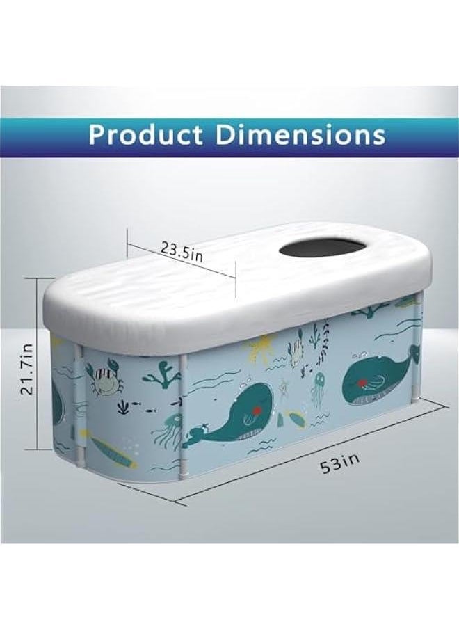 140CM/53 Extra Large Portable Foldable Bathtub with Cover for Adult, Family SPA Soaking Tub for Small Bathroom, Thicken Multiple Layer Bathtub with Lid for Shower Stall (Ocean Style)