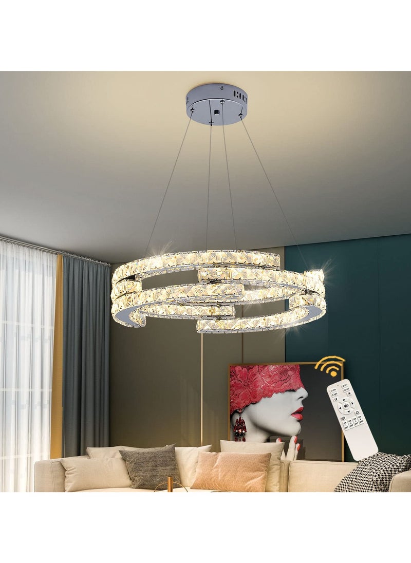 Modern Dimmable Crystal Chandeliers, 3 Rings LED Pendant Light Fixture Adjustable Ceiling Hanging Light for Living Dining Room Kitchen Bedroom Porch with Remote (Variable Light/Dia 19.7 in) 48W