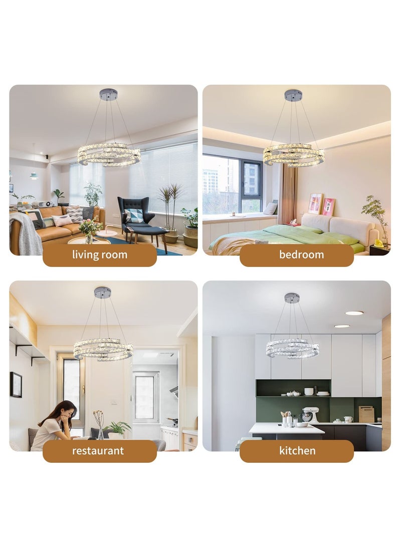 Modern Dimmable Crystal Chandeliers, 3 Rings LED Pendant Light Fixture Adjustable Ceiling Hanging Light for Living Dining Room Kitchen Bedroom Porch with Remote (Variable Light/Dia 19.7 in) 48W