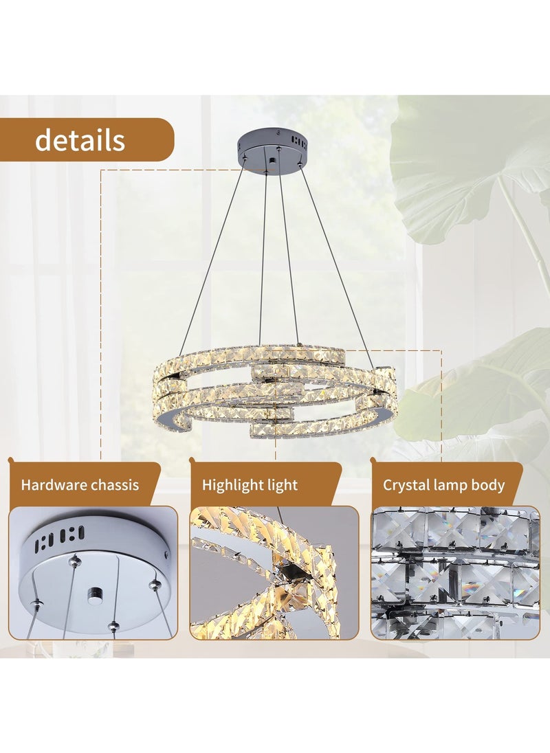 Modern Dimmable Crystal Chandeliers, 3 Rings LED Pendant Light Fixture Adjustable Ceiling Hanging Light for Living Dining Room Kitchen Bedroom Porch with Remote (Variable Light/Dia 19.7 in) 48W