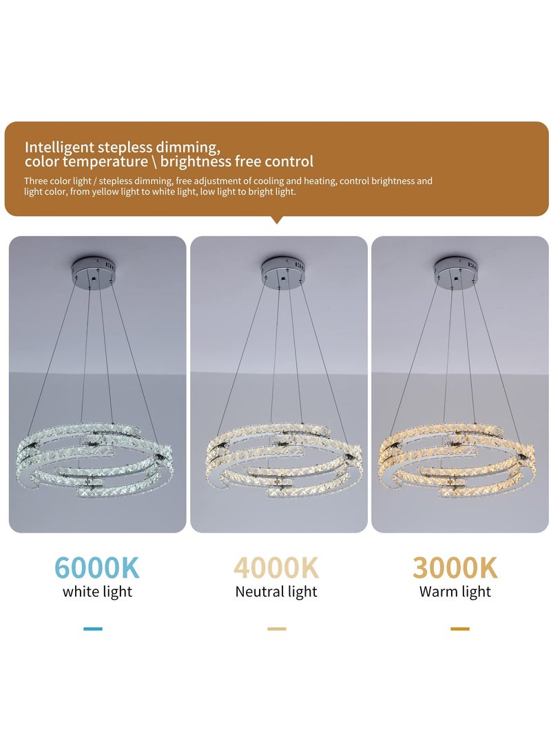 Modern Dimmable Crystal Chandeliers, 3 Rings LED Pendant Light Fixture Adjustable Ceiling Hanging Light for Living Dining Room Kitchen Bedroom Porch with Remote (Variable Light/Dia 19.7 in) 48W