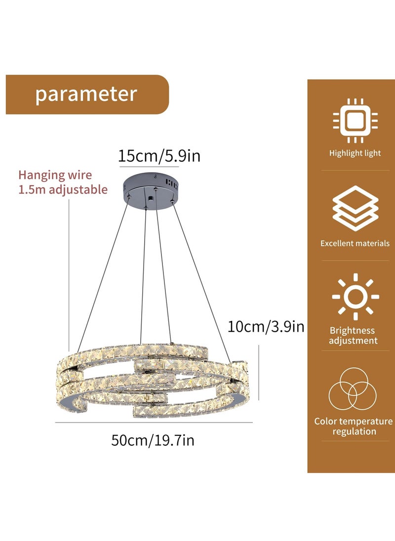 Modern Dimmable Crystal Chandeliers, 3 Rings LED Pendant Light Fixture Adjustable Ceiling Hanging Light for Living Dining Room Kitchen Bedroom Porch with Remote (Variable Light/Dia 19.7 in) 48W