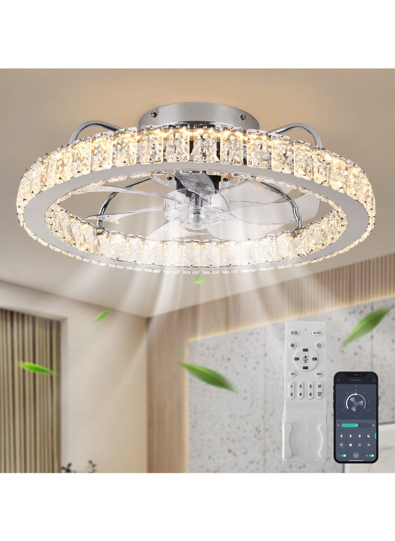 LED Dimmable Crystal Chrome Ceiling Fan with Light, Modern 24W White Reversible 6-Speed Small Ceiling Fans with Lamp and Remote, Semi Flush Mount Lighting Fixture with Fan for Office Kitchen