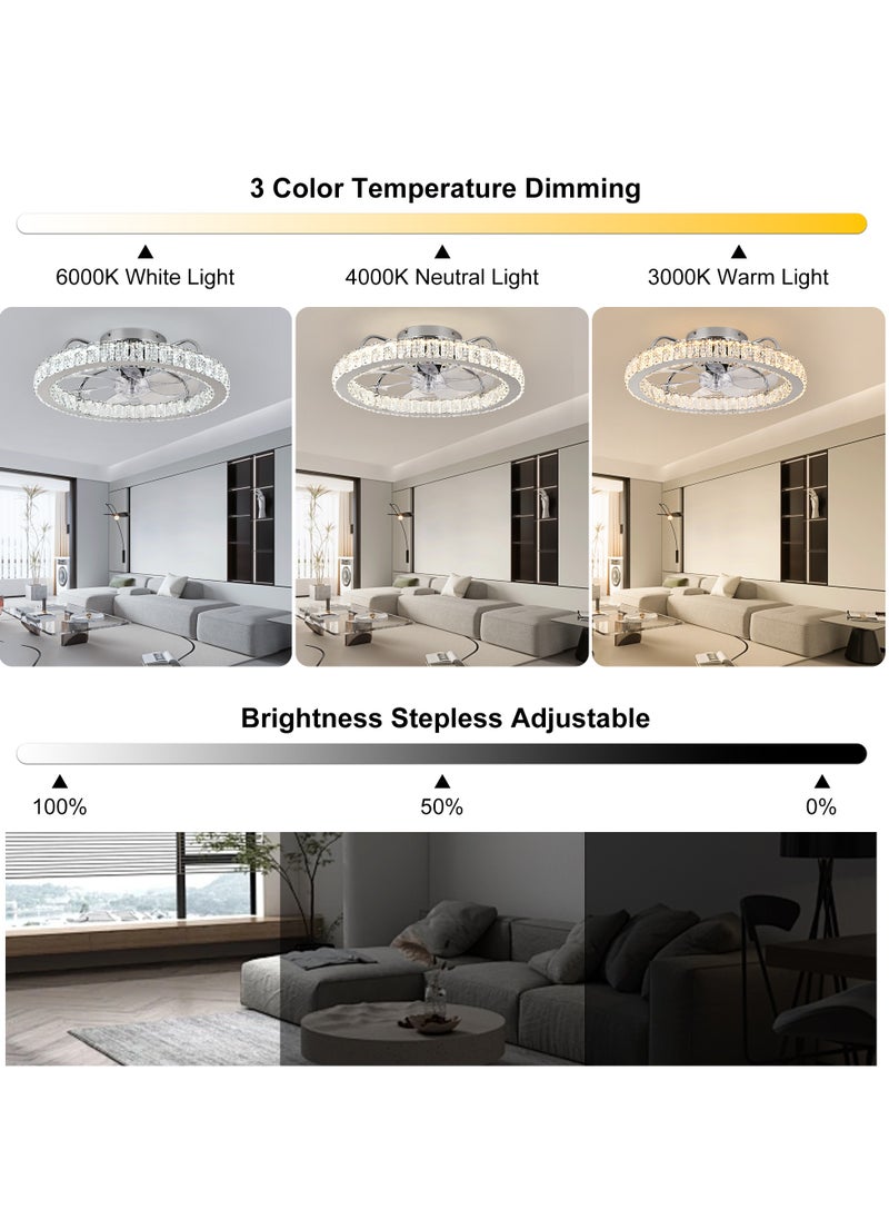 LED Dimmable Crystal Chrome Ceiling Fan with Light, Modern 24W White Reversible 6-Speed Small Ceiling Fans with Lamp and Remote, Semi Flush Mount Lighting Fixture with Fan for Office Kitchen