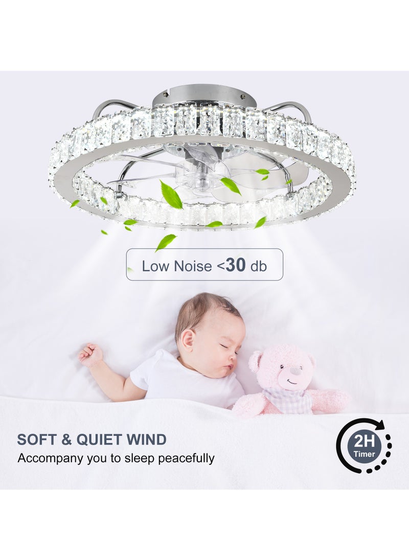 LED Dimmable Crystal Chrome Ceiling Fan with Light, Modern 24W White Reversible 6-Speed Small Ceiling Fans with Lamp and Remote, Semi Flush Mount Lighting Fixture with Fan for Office Kitchen