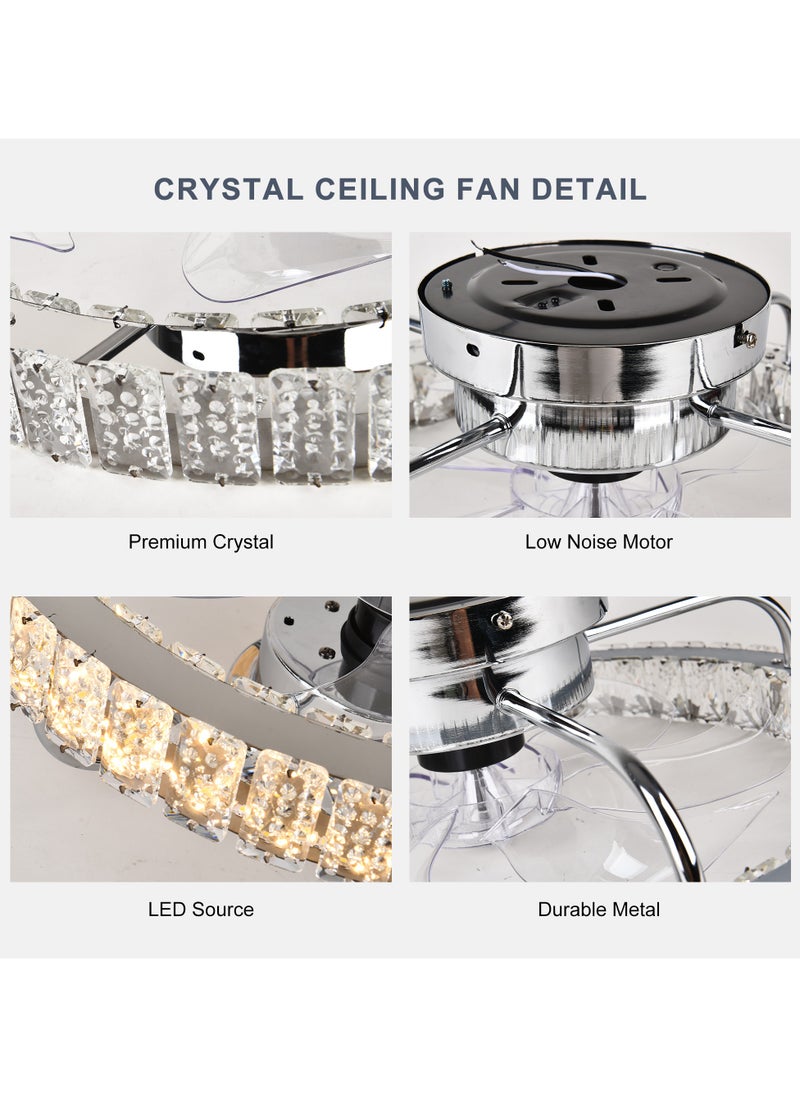 LED Dimmable Crystal Chrome Ceiling Fan with Light, Modern 24W White Reversible 6-Speed Small Ceiling Fans with Lamp and Remote, Semi Flush Mount Lighting Fixture with Fan for Office Kitchen
