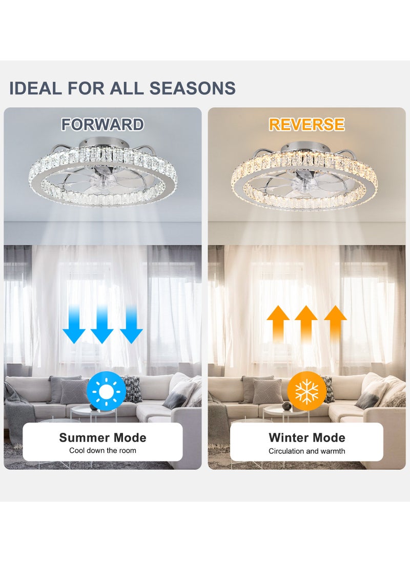 LED Dimmable Crystal Chrome Ceiling Fan with Light, Modern 24W White Reversible 6-Speed Small Ceiling Fans with Lamp and Remote, Semi Flush Mount Lighting Fixture with Fan for Office Kitchen