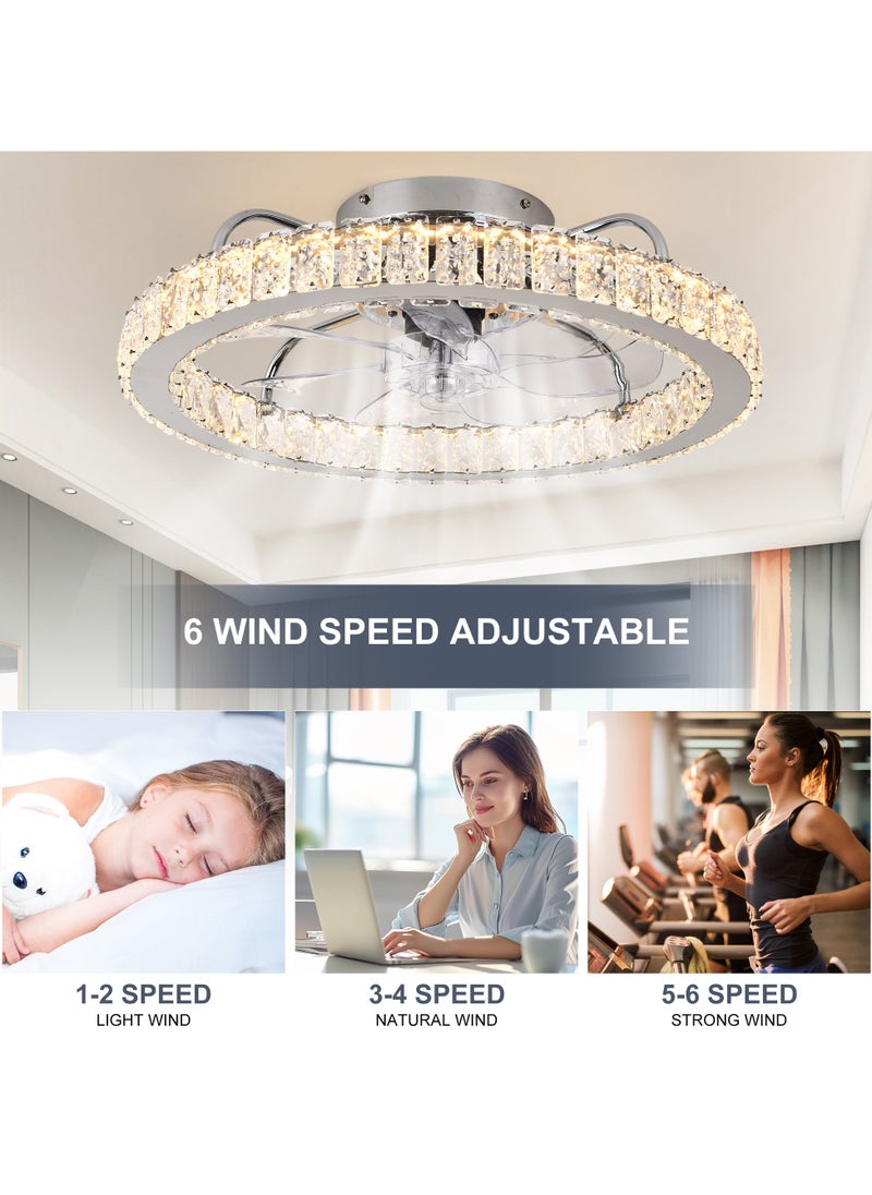 LED Dimmable Crystal Chrome Ceiling Fan with Light, Modern 24W White Reversible 6-Speed Small Ceiling Fans with Lamp and Remote, Semi Flush Mount Lighting Fixture with Fan for Office Kitchen