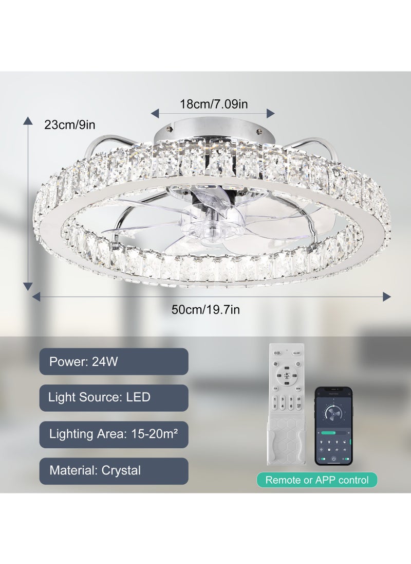 LED Dimmable Crystal Chrome Ceiling Fan with Light, Modern 24W White Reversible 6-Speed Small Ceiling Fans with Lamp and Remote, Semi Flush Mount Lighting Fixture with Fan for Office Kitchen