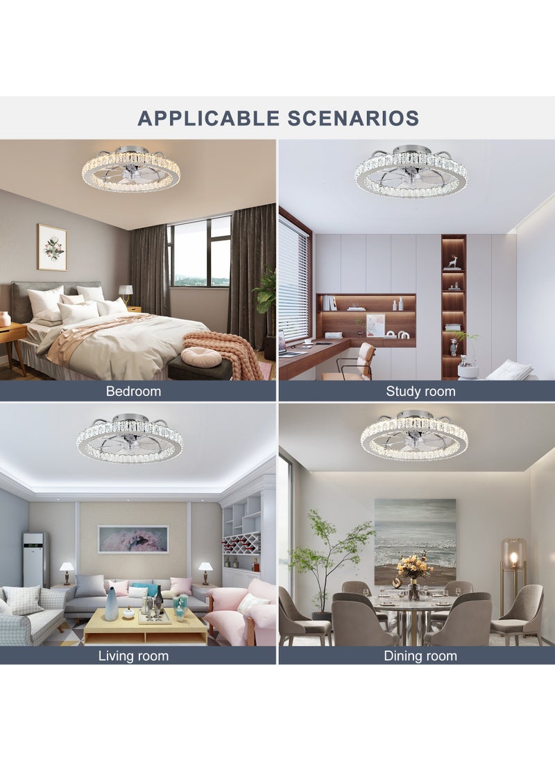LED Dimmable Crystal Chrome Ceiling Fan with Light, Modern 24W White Reversible 6-Speed Small Ceiling Fans with Lamp and Remote, Semi Flush Mount Lighting Fixture with Fan for Office Kitchen