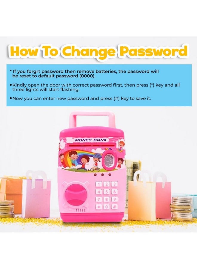 Finger Print Sensor Atm Piggy Bank For Kids Girl Boys Gullak For Money Bank With Password & Music Auto Scroll Money Saving Box With Coin Cash Slot Gifts For Kids - Pink