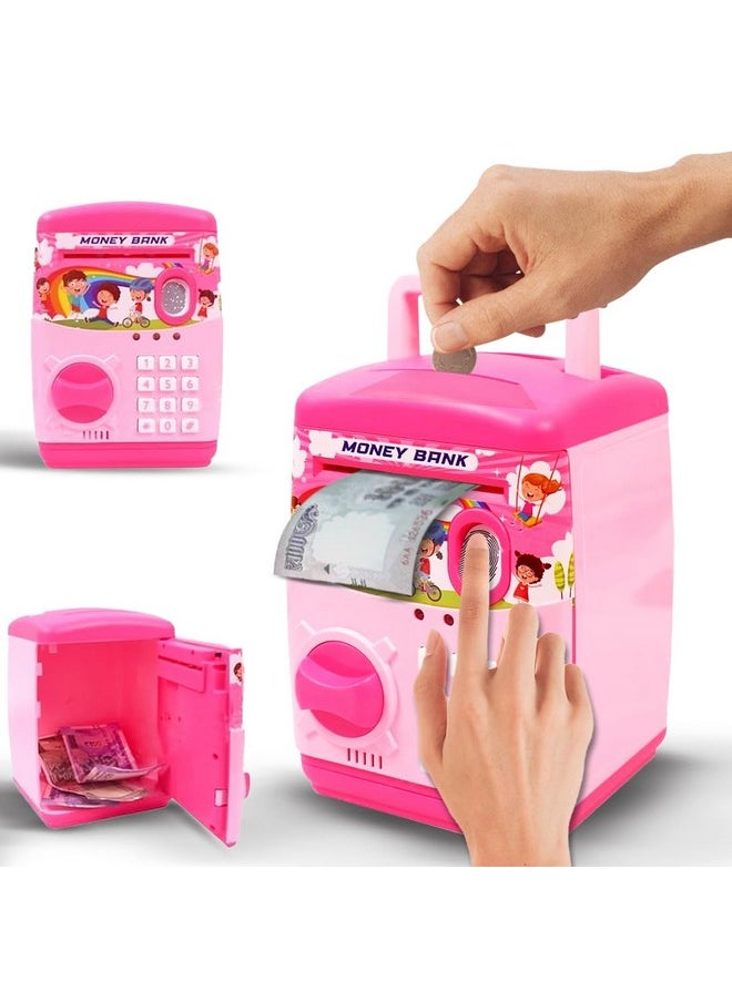 Finger Print Sensor Atm Piggy Bank For Kids Girl Boys Gullak For Money Bank With Password & Music Auto Scroll Money Saving Box With Coin Cash Slot Gifts For Kids - Pink