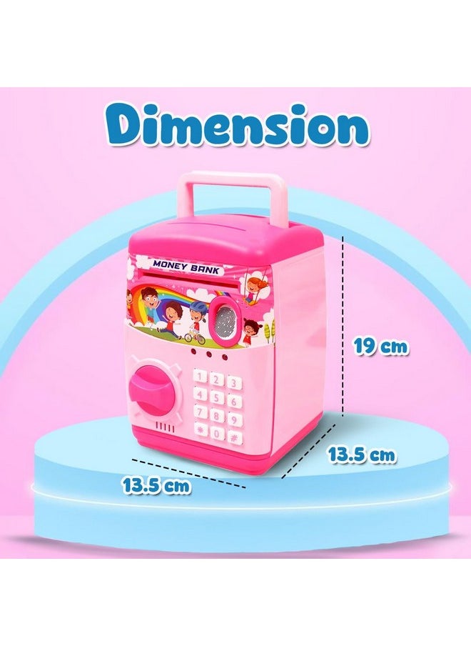 Finger Print Sensor Atm Piggy Bank For Kids Girl Boys Gullak For Money Bank With Password & Music Auto Scroll Money Saving Box With Coin Cash Slot Gifts For Kids - Pink