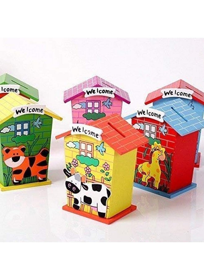 Piggy Bank Farmhouse For Kids Wood House Animal Designs, Multi Color Perfect Return Gift For Kids Birthday Party (Set Of 9 Pic)