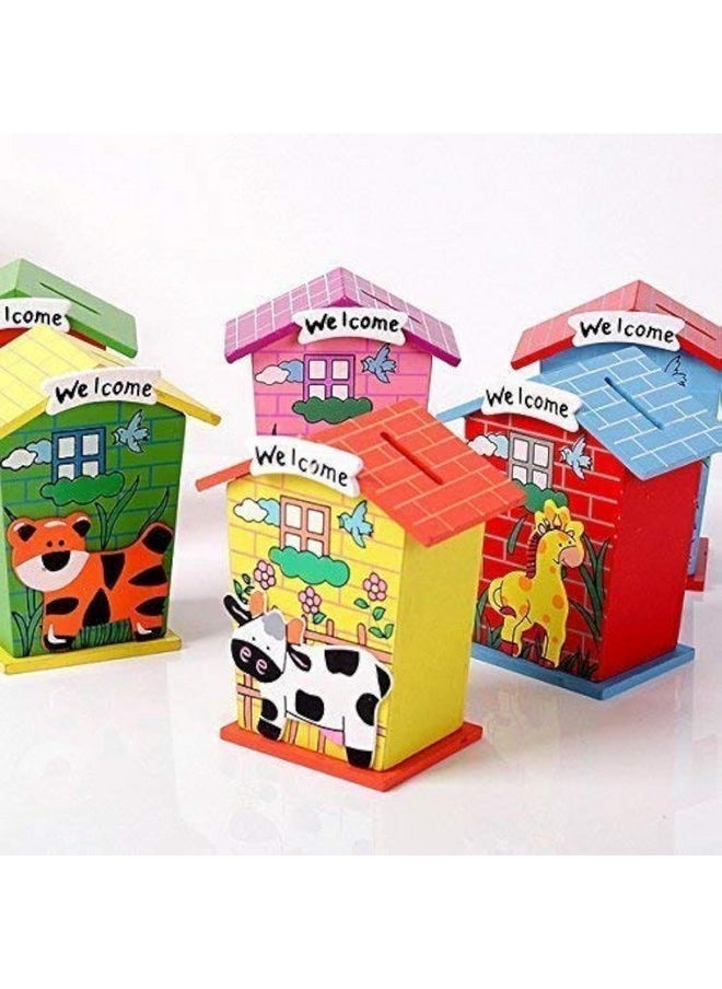 Piggy Bank Farmhouse For Kids Wood House Animal Designs, Multi Color Perfect Return Gift For Kids Birthday Party (Set Of 9 Pic)