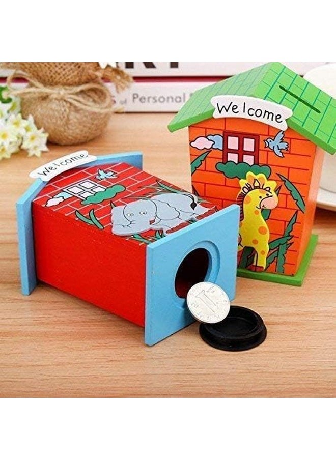 Piggy Bank For Kids Modern Wood House Animal Designs, Multi Color Perfect Return Gift For Kids Birthday Party (Set Of 3 Pic)
