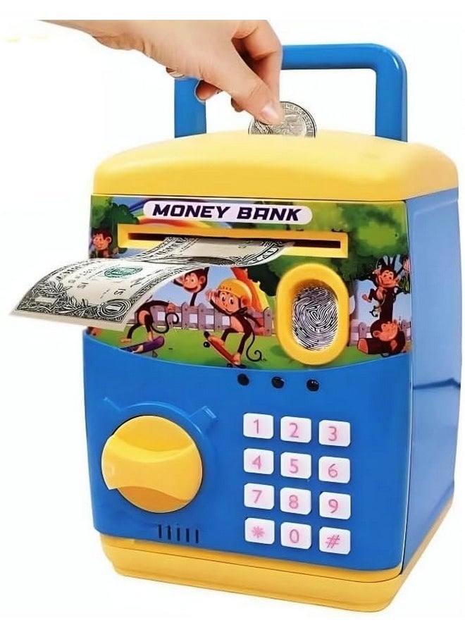 ® Money Bank Atm Machine For Kids With Finger Print Sensor Piggy Savings Classic Bank With Electronic Lock Password For Kids With Indian Music 0 To 9 Number (Blue & Yellow)