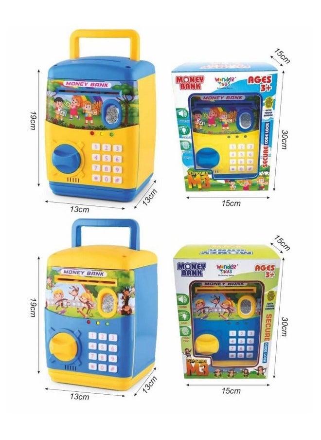 ® Money Bank Atm Machine For Kids With Finger Print Sensor Piggy Savings Classic Bank With Electronic Lock Password For Kids With Indian Music 0 To 9 Number (Blue & Yellow)