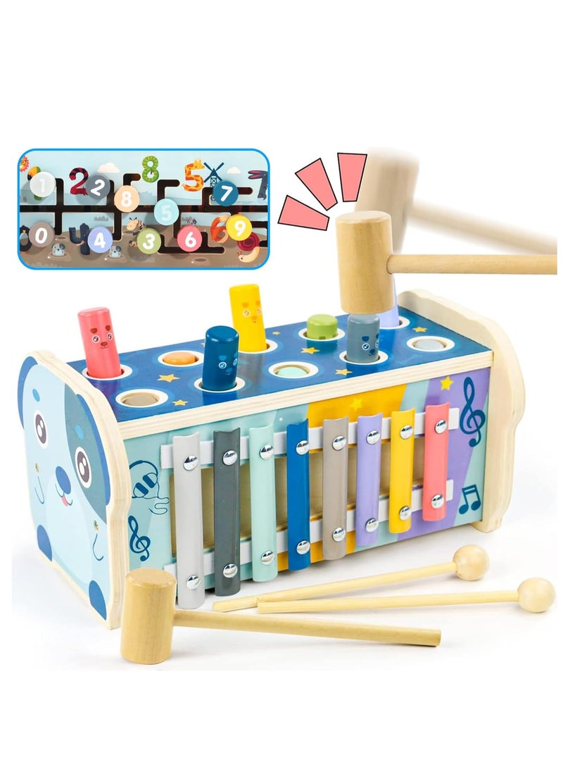 3 in 1 Wooden Hammering Pounding Toy, Montessori Motor Skills Learning Toy, Early Development Toy with Pounding Bench, Xylophone, Number Sorting Maze