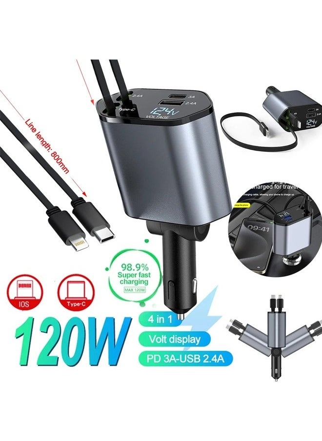 120W Fast Car Charger with Retractable Charging Cable Fast Car Power Adapter PD20W for iPhone Type C 40W Car Bluetooth USB Charger Plug with iPhone,Samsung,Galaxy,Huawei,Xiaomi 12V/24V