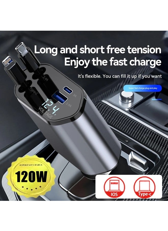 120W Fast Car Charger with Retractable Charging Cable Fast Car Power Adapter PD20W for iPhone Type C 40W Car Bluetooth USB Charger Plug with iPhone,Samsung,Galaxy,Huawei,Xiaomi 12V/24V