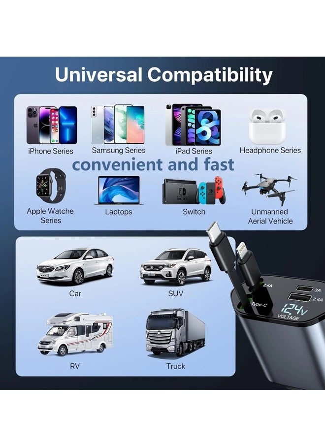 120W Fast Car Charger with Retractable Charging Cable Fast Car Power Adapter PD20W for iPhone Type C 40W Car Bluetooth USB Charger Plug with iPhone,Samsung,Galaxy,Huawei,Xiaomi 12V/24V