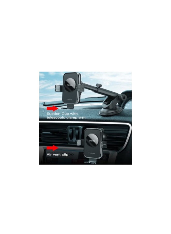 Fast Wireless Car Phone Holder with Charging  15W  360 Rotation  Suction Cup and Vent Clip Mounting  Yesido C118 - Black